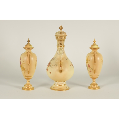 52 - AN ORNATE ROYAL WORCESTER GILT AND IVORY GROUND SCROLLED TWO-HANDLED CABINET VASE AND COVER of bulbo... 