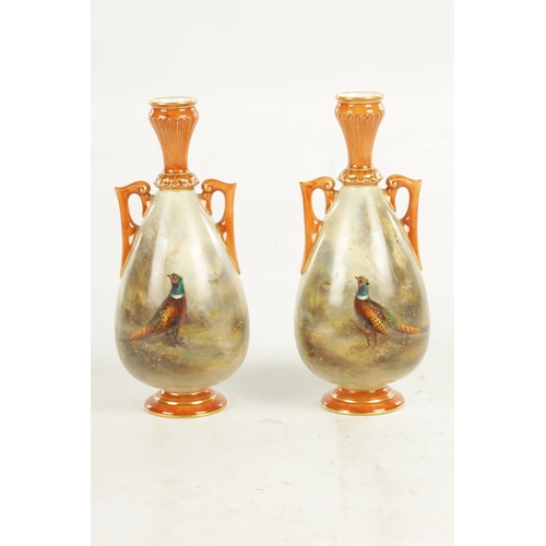 53 - A FINE PAIR OF ROYAL WORCESTER CABINET VASES PAINTED BY JAMES STINTON the ovoid bodies finely painte... 