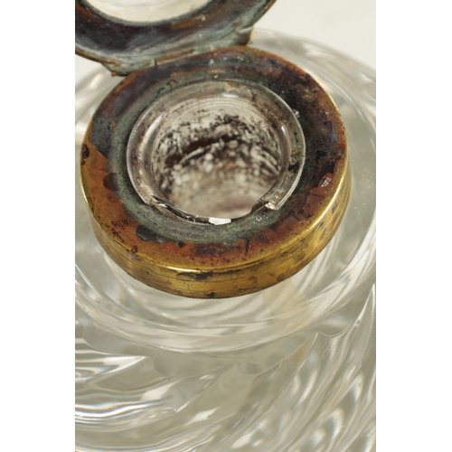 6 - A LATE 19TH CENTURY OVERSIZED DESK INK BOTTLE BACCARAT STYLE of swirl fluted moulded design with hin... 