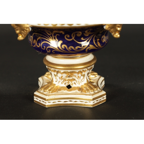 65 - A SET OF THREE 19TH CENTURY ROYAL CROWN DERBY POTPOURRI VASES, having pineapple finials and gilt mas... 