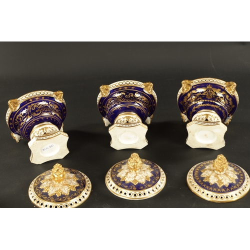 65 - A SET OF THREE 19TH CENTURY ROYAL CROWN DERBY POTPOURRI VASES, having pineapple finials and gilt mas... 