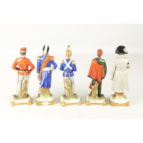 69 - A GROUP OF FIVE SAXONY GERMAN PORCELAIN FIGURES comprising Napoleon and Mortier and three soldiers (... 