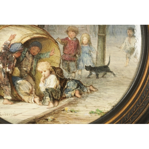 73 - A LARGE LATE 19TH CENTURY PORCELAIN PLAQUE SIGNED LUDOVICI of circular form depicting children playi... 