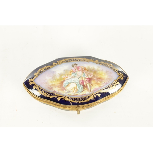 75 - A LATE 19TH CENTURY FRENCH SEVRES PORCELAIN AND GILT BRASS BOX in cobalt blue with gilt decoration, ... 