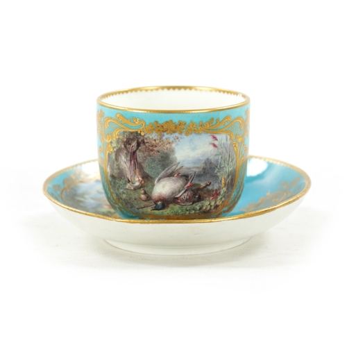 77 - A FINE LATE 18TH / 19TH CENTURY SEVRES PORCELAIN CUP AND SAUCER on a jewelled and gilded celestial b... 