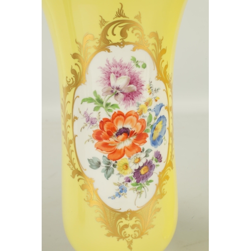 78 - A LARGE PAIR OF 19TH CENTURY MEISSEN PORCELAIN VASES on yellow ground having gilt edged panels of ha... 