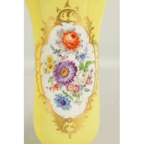 78 - A LARGE PAIR OF 19TH CENTURY MEISSEN PORCELAIN VASES on yellow ground having gilt edged panels of ha... 