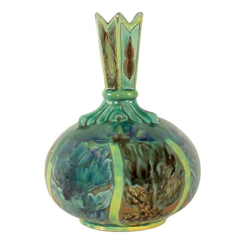 82 - A DELLA ROBBIA ART POTTERY BULBOUS CABINET VASE with leaf work shoulder and spiked neck, painted wit... 