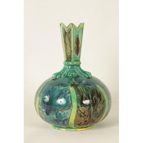 82 - A DELLA ROBBIA ART POTTERY BULBOUS CABINET VASE with leaf work shoulder and spiked neck, painted wit... 