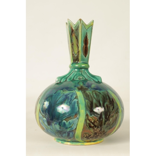 82 - A DELLA ROBBIA ART POTTERY BULBOUS CABINET VASE with leaf work shoulder and spiked neck, painted wit... 