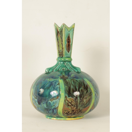 82 - A DELLA ROBBIA ART POTTERY BULBOUS CABINET VASE with leaf work shoulder and spiked neck, painted wit... 