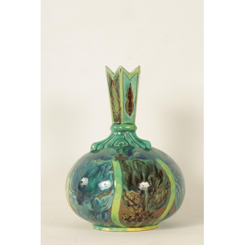 82 - A DELLA ROBBIA ART POTTERY BULBOUS CABINET VASE with leaf work shoulder and spiked neck, painted wit... 