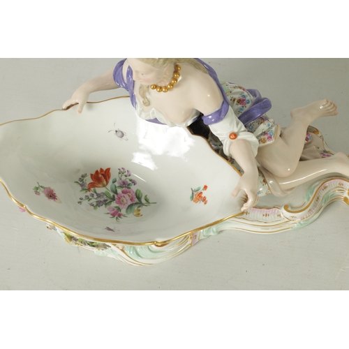 85 - A PAIR OF LATE 19TH CENTURY MEISSEN PORCELAIN FIGURAL SWEETMEAT DISHES depicting young lovers holdin... 