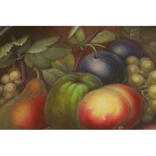 92 - A REGENCY ENGLISH STILL LIFE PORCELAIN PLAQUE of fruit with black ceramic surround - signed and date... 