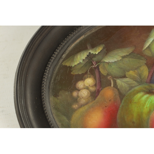 92 - A REGENCY ENGLISH STILL LIFE PORCELAIN PLAQUE of fruit with black ceramic surround - signed and date... 