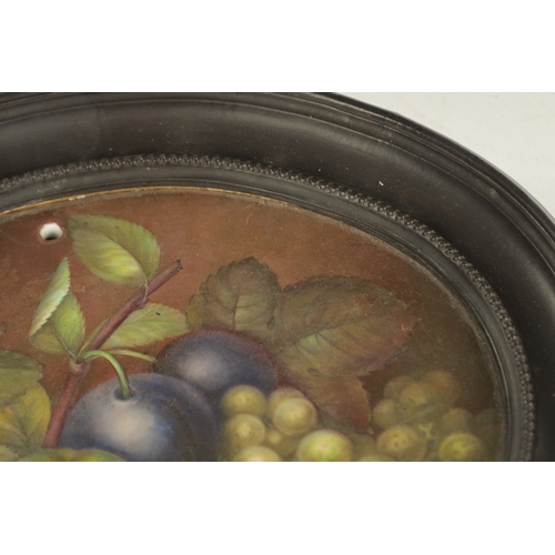 92 - A REGENCY ENGLISH STILL LIFE PORCELAIN PLAQUE of fruit with black ceramic surround - signed and date... 