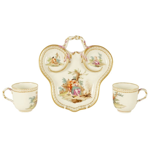 96 - A 19TH CENTURY SEVRES STYLE TETE E TETE SET the shaped tray with gilt borders and rope-twist handle ... 