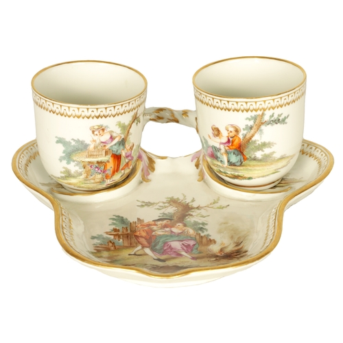 96 - A 19TH CENTURY SEVRES STYLE TETE E TETE SET the shaped tray with gilt borders and rope-twist handle ... 