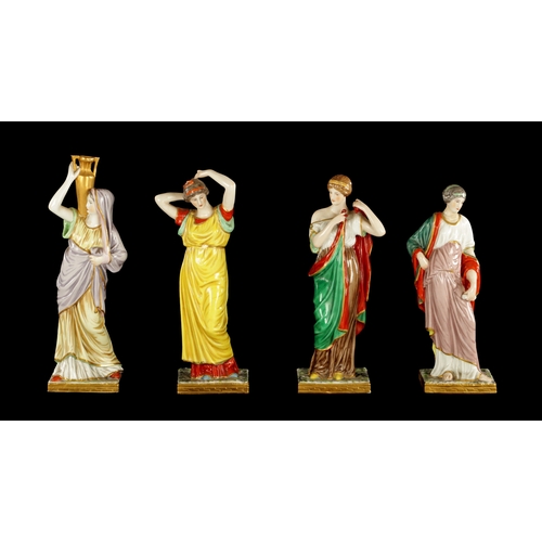 97 - A SET OF FOUR DRESDEN CLASSICAL MAIDEN FIGURES brightly coloured and stamped beneath. (24cm high and... 