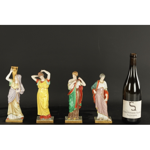 97 - A SET OF FOUR DRESDEN CLASSICAL MAIDEN FIGURES brightly coloured and stamped beneath. (24cm high and... 