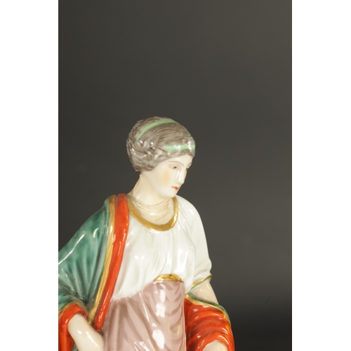 97 - A SET OF FOUR DRESDEN CLASSICAL MAIDEN FIGURES brightly coloured and stamped beneath. (24cm high and... 