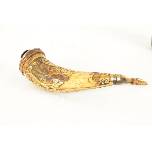 556 - AN UNUSUAL 19TH CENTURY AMERICAN CARVED HORN POWDER FLASK finely carved with mountain and landscape ... 