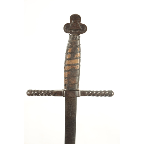 558 - AN 18TH CENTURY CONTINENETAL SWORD with wire bound leather grip and spiral twist cross guard, the do... 