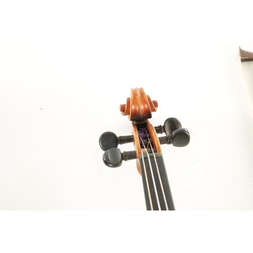 567 - AN INTERESTING ANTIQUE VIOLIN IN A PAXMAN CASE WITH THREE BOWS having a two-piece fiddle back - leng... 