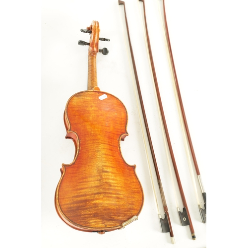 567 - AN INTERESTING ANTIQUE VIOLIN IN A PAXMAN CASE WITH THREE BOWS having a two-piece fiddle back - leng... 