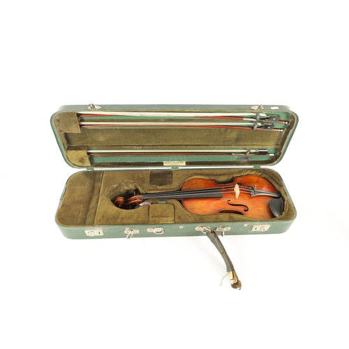 567 - AN INTERESTING ANTIQUE VIOLIN IN A PAXMAN CASE WITH THREE BOWS having a two-piece fiddle back - leng... 