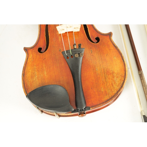 567 - AN INTERESTING ANTIQUE VIOLIN IN A PAXMAN CASE WITH THREE BOWS having a two-piece fiddle back - leng... 