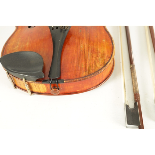 567 - AN INTERESTING ANTIQUE VIOLIN IN A PAXMAN CASE WITH THREE BOWS having a two-piece fiddle back - leng... 