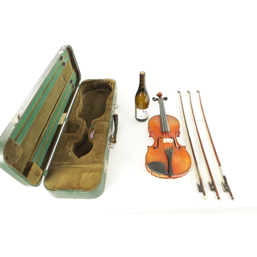 567 - AN INTERESTING ANTIQUE VIOLIN IN A PAXMAN CASE WITH THREE BOWS having a two-piece fiddle back - leng... 