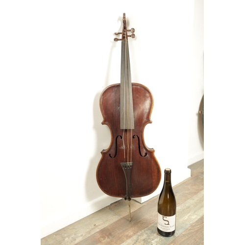 568 - A 19TH CENTURY INLAID MAHOGANY CHILDS CELLO with one piece back, length of back 54cm (59cm overall )