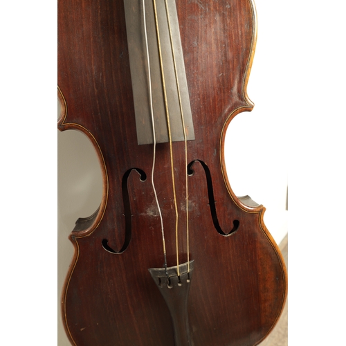 568 - A 19TH CENTURY INLAID MAHOGANY CHILDS CELLO with one piece back, length of back 54cm (59cm overall )