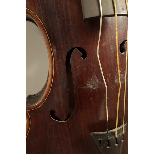 568 - A 19TH CENTURY INLAID MAHOGANY CHILDS CELLO with one piece back, length of back 54cm (59cm overall )