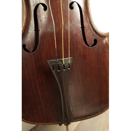 568 - A 19TH CENTURY INLAID MAHOGANY CHILDS CELLO with one piece back, length of back 54cm (59cm overall )