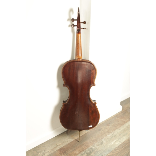 568 - A 19TH CENTURY INLAID MAHOGANY CHILDS CELLO with one piece back, length of back 54cm (59cm overall )