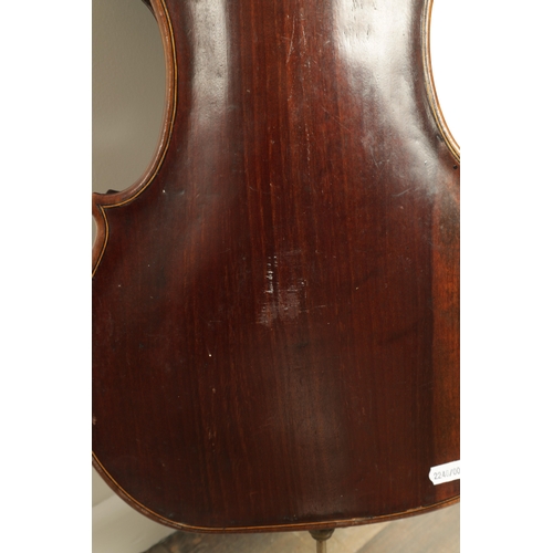 568 - A 19TH CENTURY INLAID MAHOGANY CHILDS CELLO with one piece back, length of back 54cm (59cm overall )