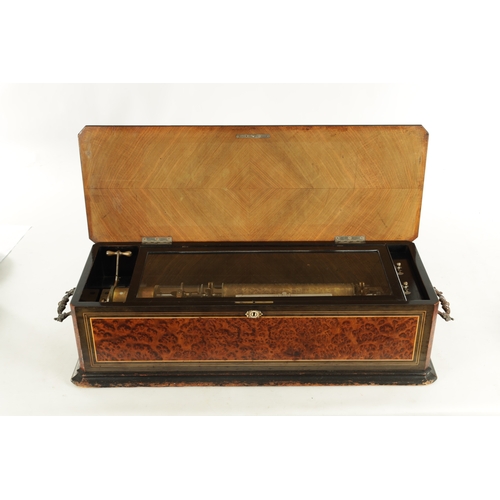 576 - A GOOD 19TH CENTURY SWISS MUSIC BOX PLAYING SIX TUNES the burr wood and ebonised case with mother of... 