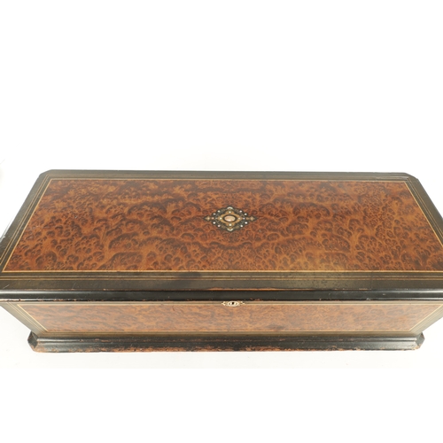 576 - A GOOD 19TH CENTURY SWISS MUSIC BOX PLAYING SIX TUNES the burr wood and ebonised case with mother of... 