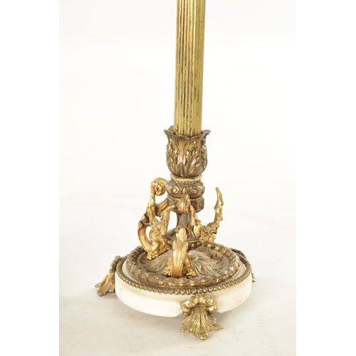 599 - A PAIR OF LATE 19TH CENTURY FRENCH ORMOLU AND WHITE MARBLE THREE BRANCH CANDELABRA with ram's head m... 