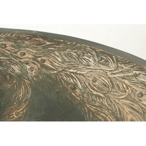 601 - FRITZ ROSENBERG (b.1883) A STYLISH ART DECO OVAL SHALLOW PATINATED BRONZE PEACOCK DISH the raised re... 