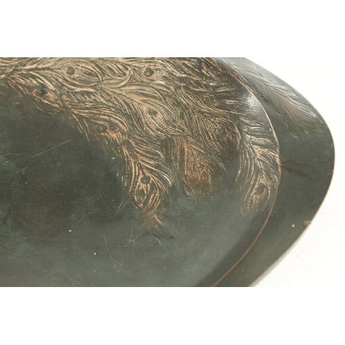 601 - FRITZ ROSENBERG (b.1883) A STYLISH ART DECO OVAL SHALLOW PATINATED BRONZE PEACOCK DISH the raised re... 