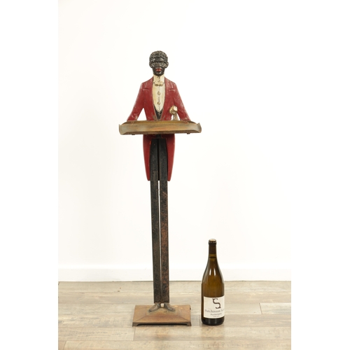 611 - A 19TH CENTURY PAINTED CAST IRON STANDING DUMB WAITER on chamfered square plinth base (94cm high)