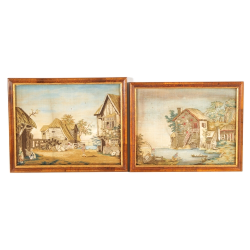 616 - A PAIR OF 19TH CENTURY NEEDLEWORK PICTURES worked in long stitch depicting a water mill and a villag... 