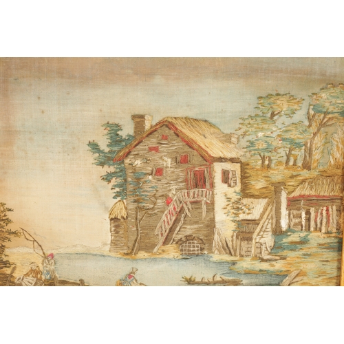 616 - A PAIR OF 19TH CENTURY NEEDLEWORK PICTURES worked in long stitch depicting a water mill and a villag... 