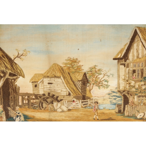 616 - A PAIR OF 19TH CENTURY NEEDLEWORK PICTURES worked in long stitch depicting a water mill and a villag... 