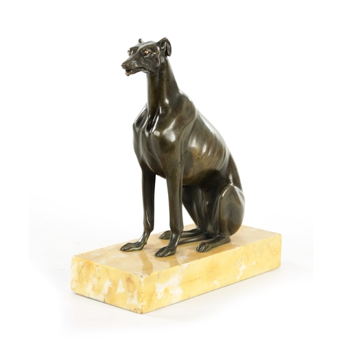 617 - A REGENCY PATINATED BRONZE DESK TIDY FORMED AS A SEATED GREY HOUND with a sprung mouth for paper rai... 