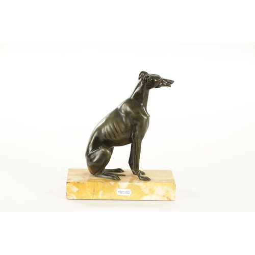 617 - A REGENCY PATINATED BRONZE DESK TIDY FORMED AS A SEATED GREY HOUND with a sprung mouth for paper rai... 